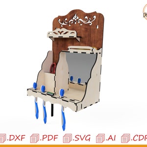 étagère miroir, support de produits de nettoyage, hygiène personnelle, étagère de salle de bain, organisateur de salle de bain, CNC Glowforge, gabarits numériques, découpe laser