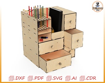 May include: A wooden desk organizer with multiple drawers and a pencil holder. The organizer is made of light wood and has a natural finish. It has a small compartment for holding a book or other items.