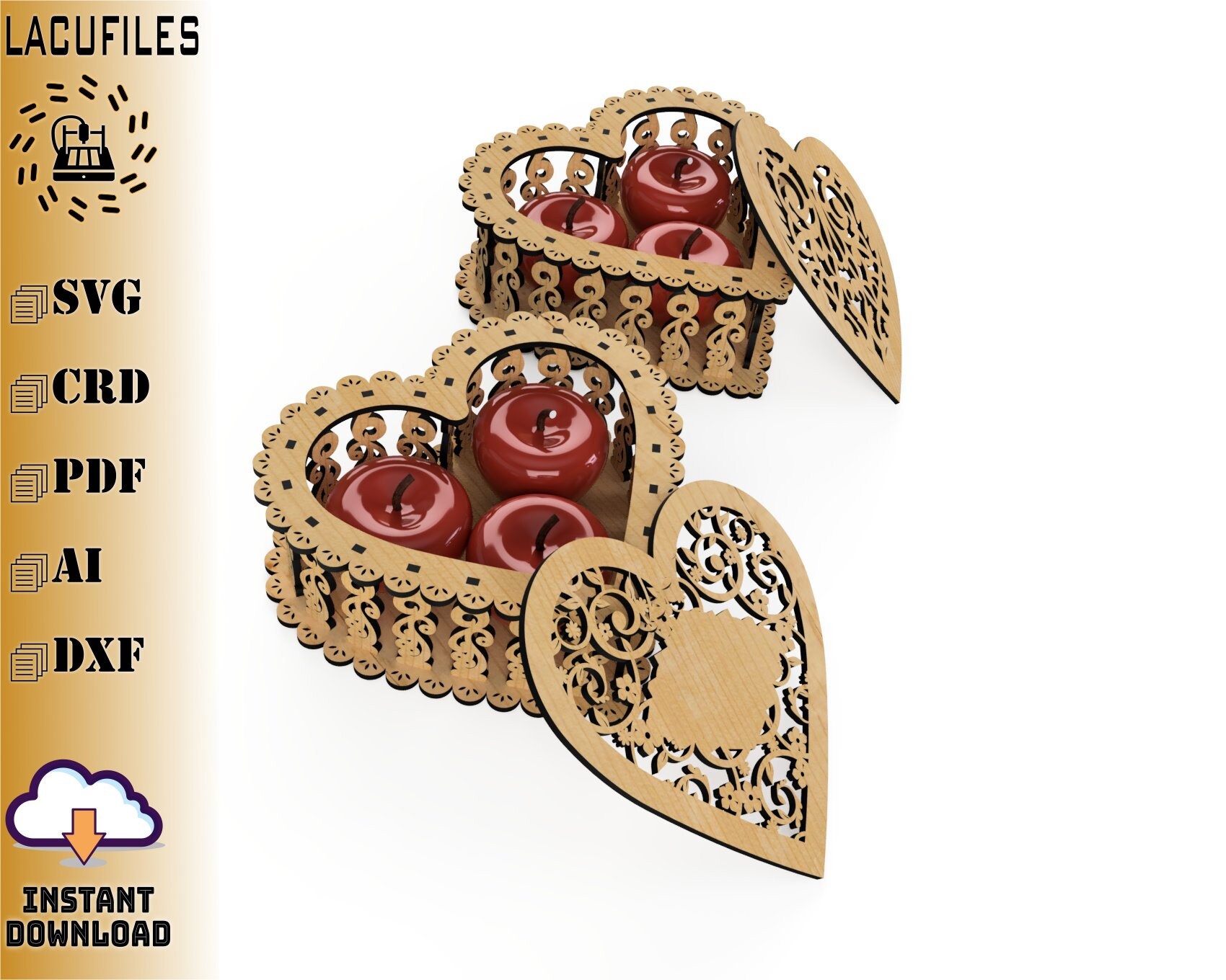 Heart box for cnc laser cutting, digital art of love, romantic baskets, Valentine's Day, glowforge projects, laser cut templates, digital