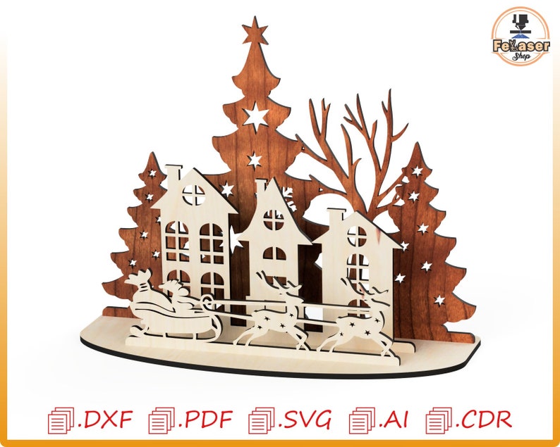May include: Laser cut wooden Christmas scene with three houses, a Christmas tree, and a sleigh pulled by reindeer. The houses are white with brown trim and windows. The Christmas tree is brown with stars cut out. The sleigh is brown with a white base. The reindeer are brown with antlers.