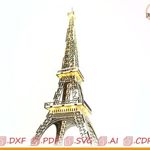 May include: A detailed wooden model of the Eiffel Tower with lights. The model is made of laser-cut wood and is assembled to resemble the iconic Parisian landmark. The model is a great addition to any home decor.