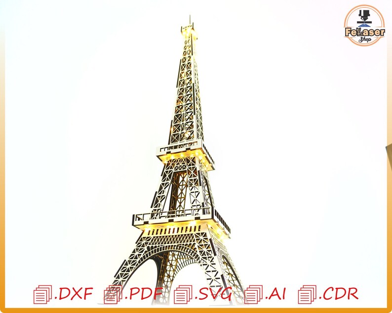 May include: A detailed wooden model of the Eiffel Tower with lights. The model is made of laser-cut wood and is assembled to resemble the iconic Parisian landmark. The model is a great addition to any home decor.