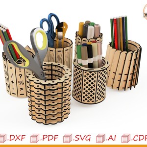 May include: A set of five wooden pencil holders, each with a different design. The holders are made of laser-cut wood and feature geometric patterns. The holders are perfect for organizing pens, pencils, and other office supplies.