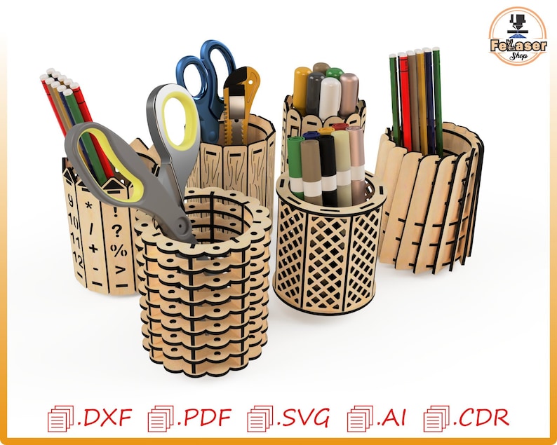 May include: A set of five wooden pencil holders, each with a different design. The holders are made of laser-cut wood and feature geometric patterns. The holders are perfect for organizing pens, pencils, and other office supplies.