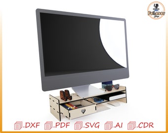 Computer monitor table organizer, pc organizer, monitor shelf, laser cut organizer, laser cut vector products, Vector Wood Organizer for CNC
