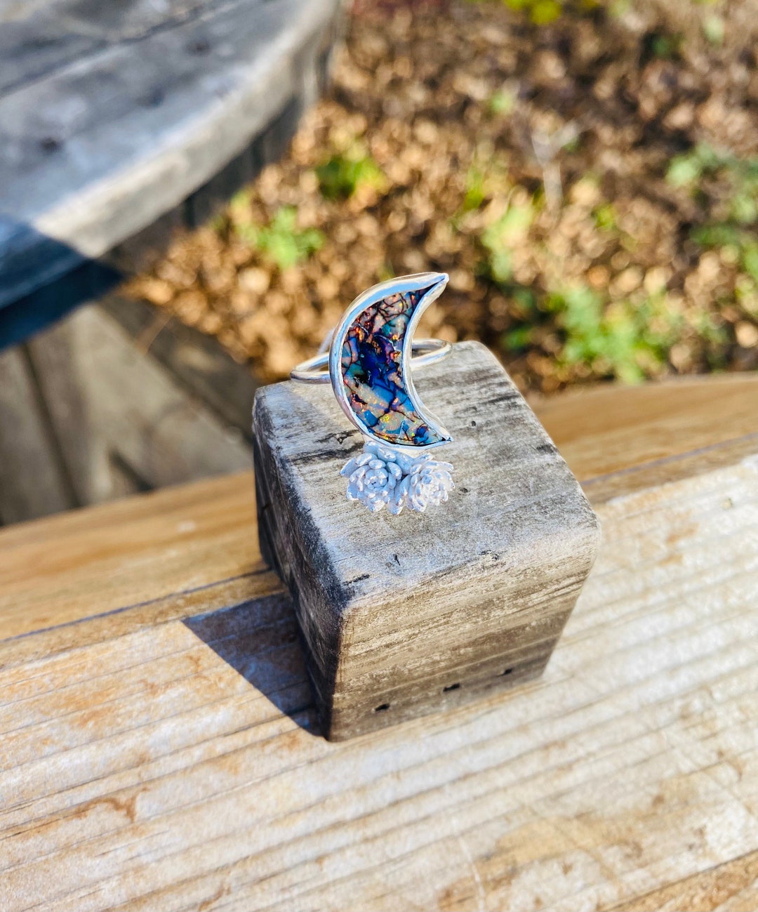 Opal Sterling Silver Crescent Moon With a Succulent Ring Size 8 - Etsy