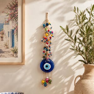 Evil Eye Wall Hanging With Multicolor beads, Macrame Evil Eye, Nazar Wall Decor, Turkish Eye, Protection Talisman, Glass Hanging Decor