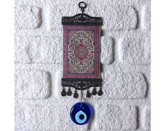 Kilim with Evil Eye Decor, Mini Carpet, Turkish Decor, Miniature Rug, Rug Wall Hanging, Nazar, Turkish Eye Hanging, Wall Tapestry