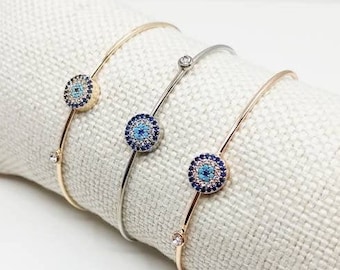 Zirconia Evil Eye Bangle Bracelet, Stainless Steel Turkish Jewelry