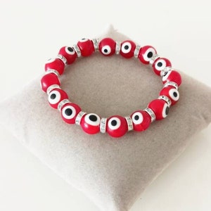 Red Evil Eye Bracelet, Glass Evil Eye Beaded, Greek Bracelet, Nazar Bracelet, Turkish Eye Jewelry, Stretchy Evil Eye, Protection Bracelet
