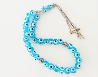 Light Blue Evil Eye Rosary, Turkish Prayer Beads, Car Charm