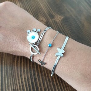 Herringbone Bracelet, Silver Evil Eye Bracelet, Butterfly Bracelet, Stainless Steel Bracelet, Bird Bracelet, Italian Chain, Snake Chain
