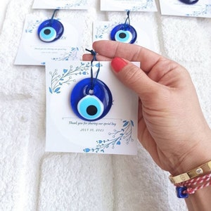 Gepersonaliseerde bruiloftsbedankjes voor gasten, boze oog trouwbedankjes, boze oog-bedels, aangepaste kaartbedankjes, Nazar, babyshower, bruidsfeestgunsten