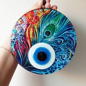 Fused Glass Art, Evil Eye Wall Decor, Peacock Feather Art, Evil Eye Window Hanging, Evil Eye Door, Nazar, Evil Eye Charm, Turkish Eye