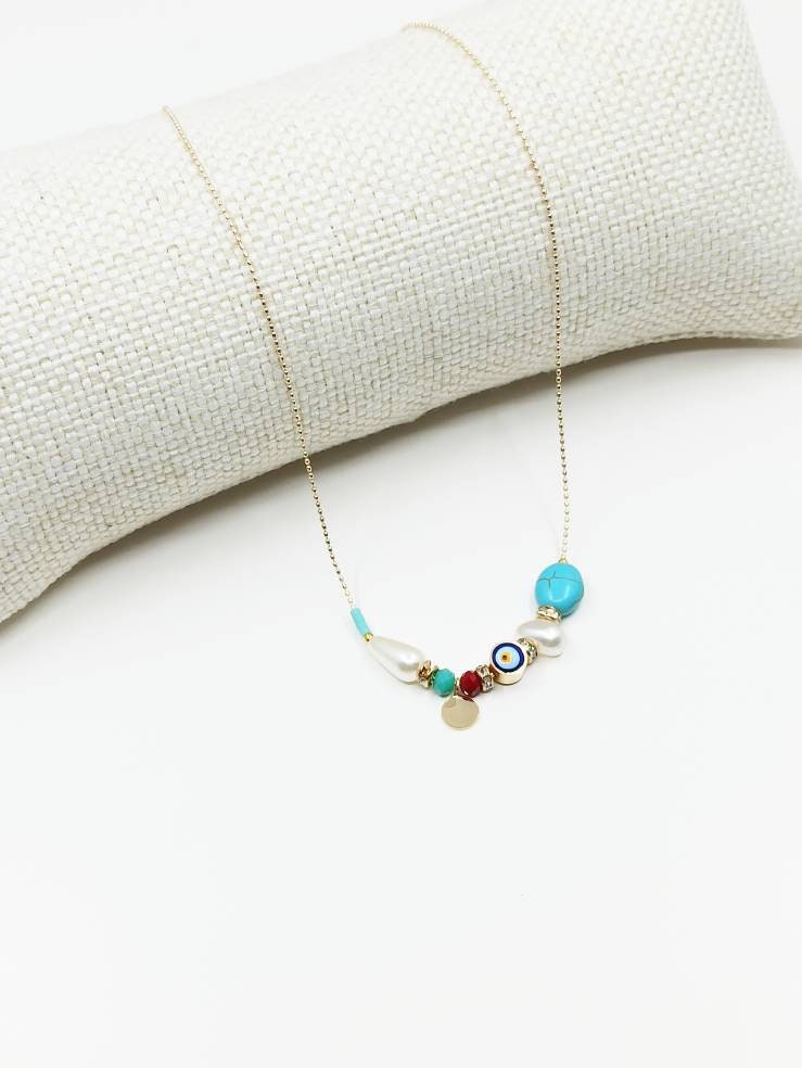 Collana Multistrato Con Ciondolo Croce E Occhio Del Diavolo Turco (malocchio), In Lega Dorata, Per Donna - 2