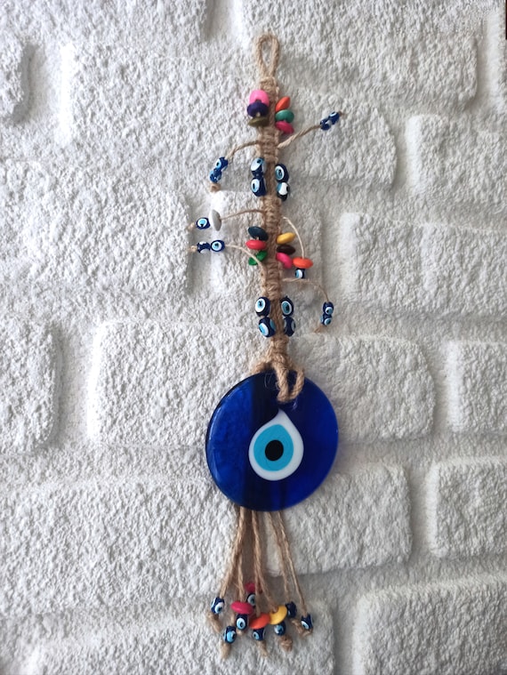 Acchiappasogni Gotico Con Occhio Turco - Decorazione Macramè E Piume Bianche Per Parete (75cm) - Foto 3