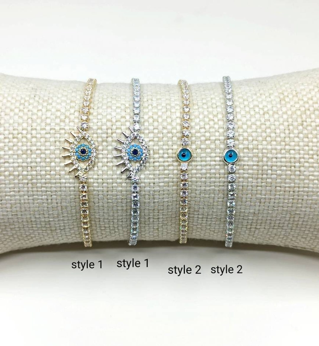 Sterling Silver Evil Eye Tennis Bracelet with CZ – Adjustable