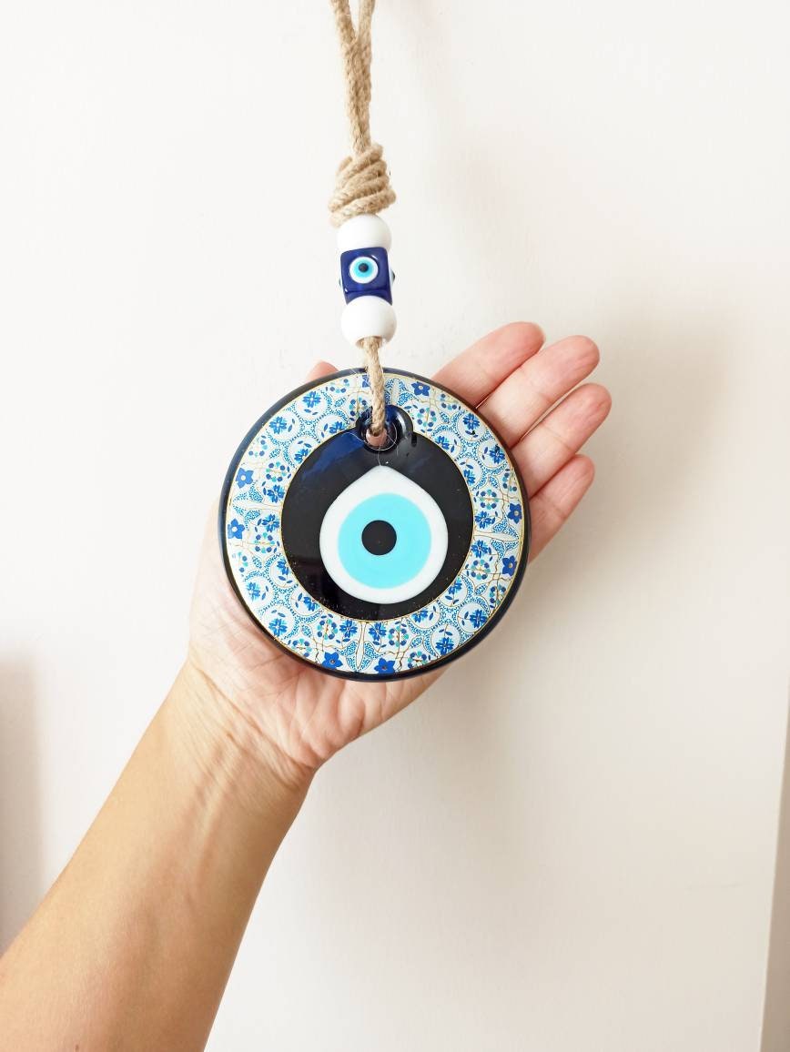 Evil Eye Wandbehang, blaues und weißes Auge, türkisches Auge Kunst,  griechische Charme, Nazar Ornament, Auge Tür Aufhänger, türkische  Glücksbringer - .de