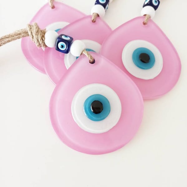 Pink Evil Eye Decor, Evil Eye Wall Hanging, House Protection, Pink Glass, Turkish Amulet, Nursery Room, Nazar, Fused Glass, Kids Room Decor