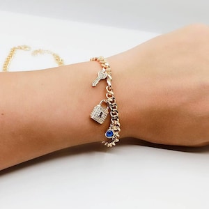 Lock and Key Bracelet, Evil Eye Chain Bracelet, Cuban Link Bracelet, Evil Eye Jewelry, Nazar Bracelet, Turkish Eye Accessory