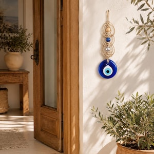Macramé hanger met het boze oog, blauwe decoratie met het boze oog, unieke cadeaus, touw met het boze oog, Nazar Boncuk, kraal met het boze oog, Grieks oog, deurhanger met het boze oog