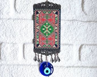 Kilim Wall Rug, Turkish Miniature Rug, Turkish Carpet, Mini Rug, Evil Eye Wall Hanging, Turkish Decor, Kilim Wall Art, Nazar, Mini Carpet