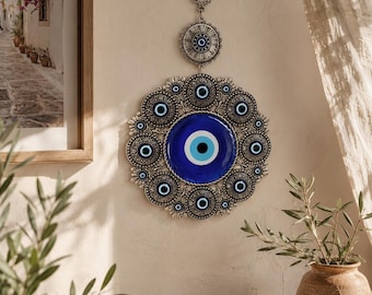 Evil Eye Wandbehang, Silber Evil Eye Decor, Evil Eye Home, Hausschutz, Amulett Geschenke, türkisches Dekor, Nazar, griechisches Auge, Metal Evil Eye