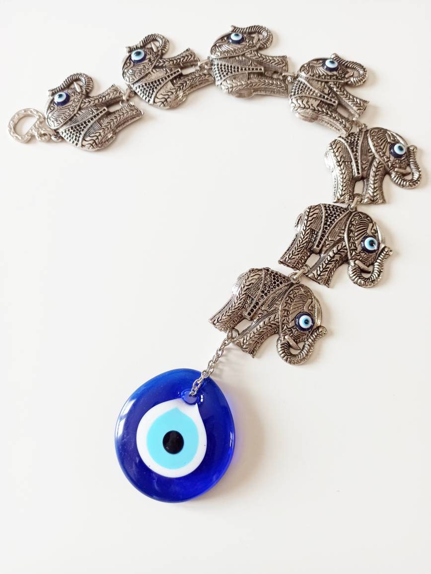 Colgante De Mal De Ojo Con Tres Elefantes - Ojo Turco Azul, Decoración Para Pared De Casa U Oficina