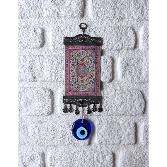 Kilim with Evil Eye Decor, Mini Carpet, Turkish Decor, Miniature Rug, Rug Wall Hanging, Nazar, Turkish Eye Hanging, Wall Tapestry