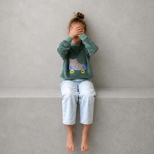 Könnte beinhalten: Ein langärmeliges Sweatshirt aus salbeigrünem Samt mit einer mittigen Grafik eines grauen Rollschuhs mit blauen Akzenten und gelben Rollen, kombiniert mit einer hellblauen Jeans im entspannten Schnitt mit leicht abgenutzter Optik.