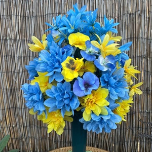 Gravesite Decor, Gravesite Arrangement, Cemetery Decor, Cemetery Blue&Yellow Floral Arrangement with/vase, Cemetery Arrangement
