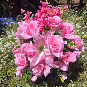 Gravesite Decor, Gravesite Arrangement, Cemetery Decor, Cemetery Flowers, Cemetery Pink Floral Arrangement with/vase, Cemetery Arrangement