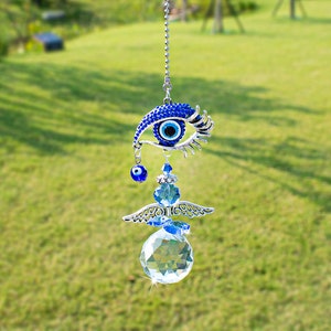 Handmade Hanging Crystal Angel Suncatcher Blue Evil Eye Protection and Good Luck Charm Chandelier Lamps Pendant(12.5in)