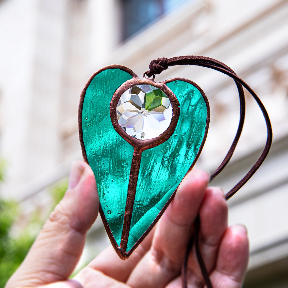 Crystal Suncatcher Stained Glass Heart Shaped Window Hanging Etsy