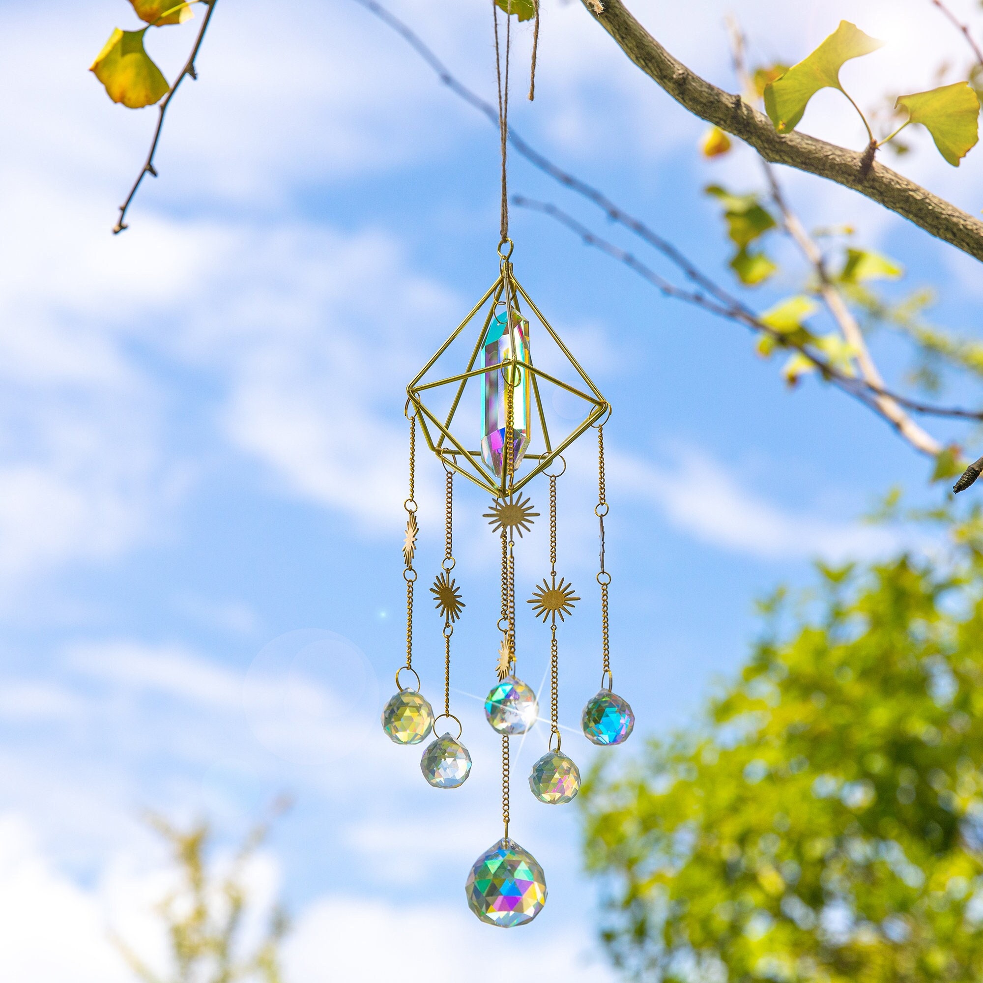 Sun Catchers Decor Window Hanging Crystals Suncatcher with Moon or Sun Pendant Prism Ball Rainbow Maker Ornaments for Home Garden Christmas Party Wedding Decorations & Gift 