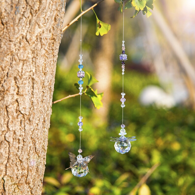 Handmade 2pcs 30mm Crystal Ball Prisms Butterfly Dragonfly Suncatchers Window Hanging Ornament Rainbow Maker for Home,Garden Decor