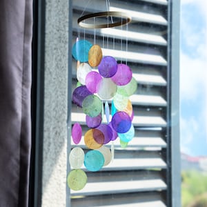 Rainbow Capiz Seashell Wind Chimes Outdoor Indoor Hanging Handmade Windchime Outdoor Hanging Beach Shell Presents for Mom Gifts