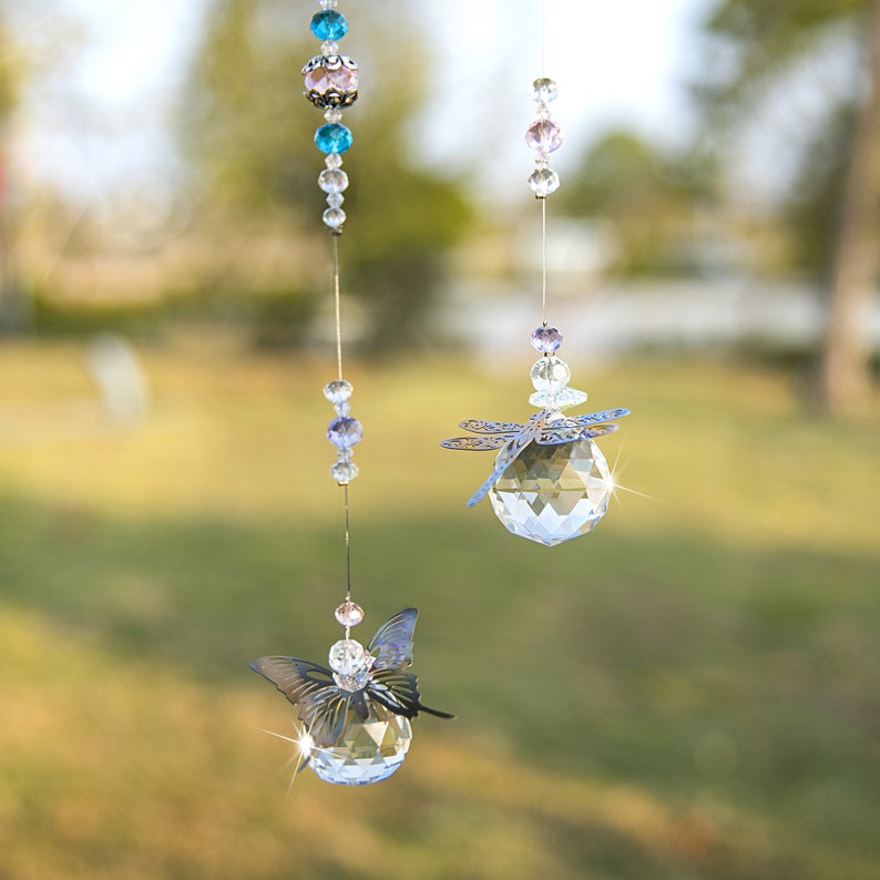 Handmade 2pcs 30mm Crystal Ball Prisms Butterfly Dragonfly Suncatchers Window Hanging Ornament Rainbow Maker for Home,Garden Decor