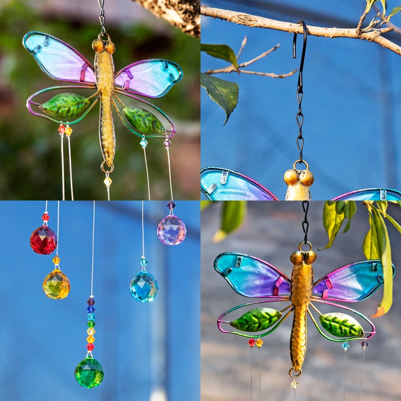 Chakra Garden Suncatcher Metal Dragonfly Crystal Prisms Etsy