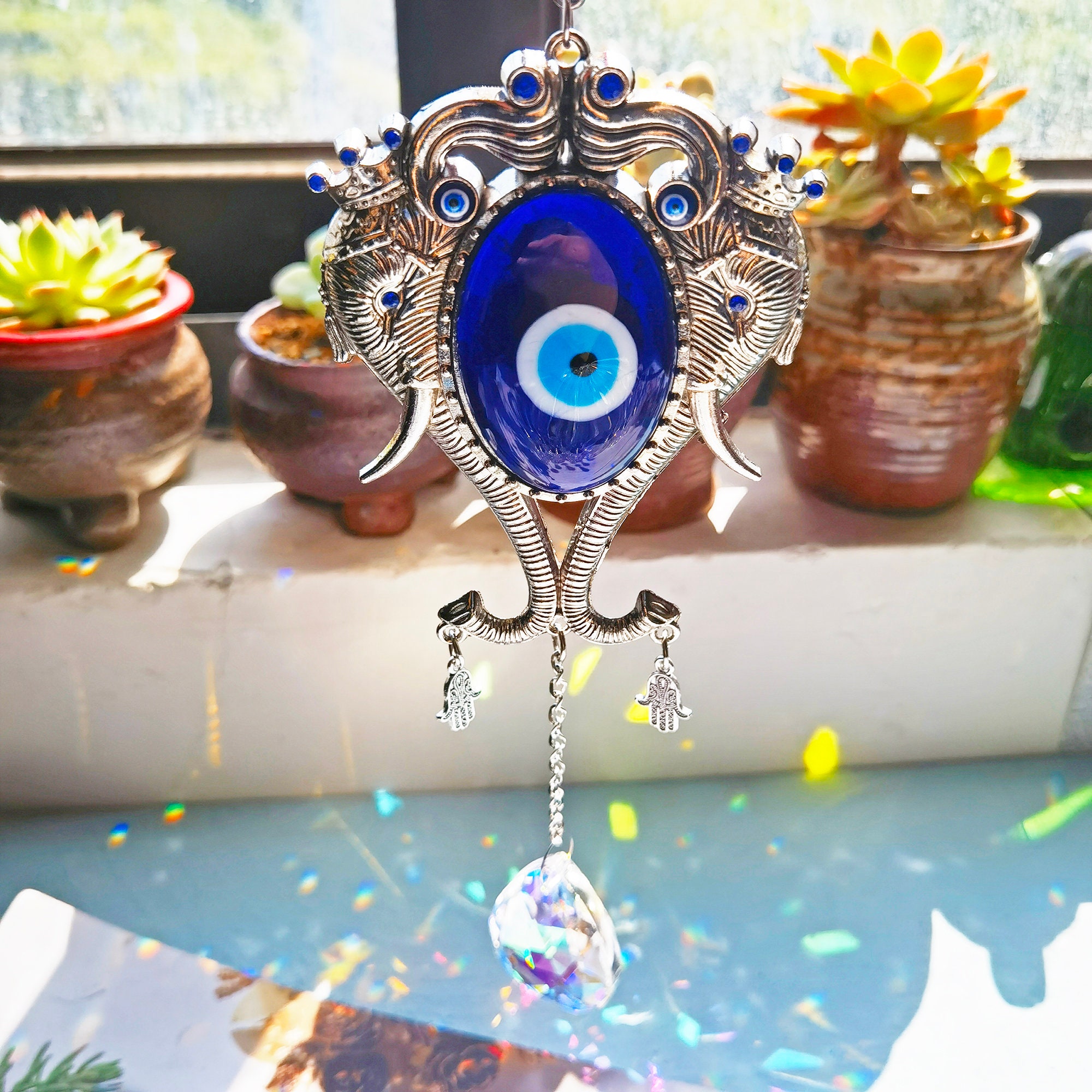 Blue Evil Eye Moon & Elephant Amulet Protection Wall Hanging Decor Blessing Gift 