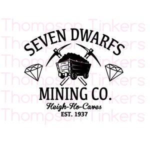 May include: Black and white illustration of a mining cart with two pickaxes crossed over it. The cart is filled with coal. Above the cart is the text "SEVEN DWARFS" and below the cart is the text "MINING CO. Heigh-Ho-Caves EST. 1937". There are two diamonds on either side of the cart.