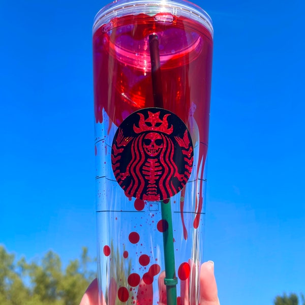 Spooky Blood Drip Tumbler With Holographic Red Vinyl Skeleton Design (16, 24 & 32 oz) *Name can be added*
