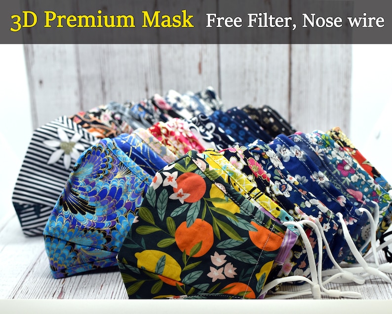 3D Face Mask with Filter Pocket, Cotton Mask, Nose Wire, Reusable and Washable, Masks 