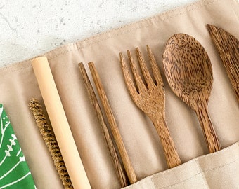 Zero waste cutlery set made of coconut wood | 8 parts | Sustainable | Handmade | Biodegradable | Travel and camping cutlery
