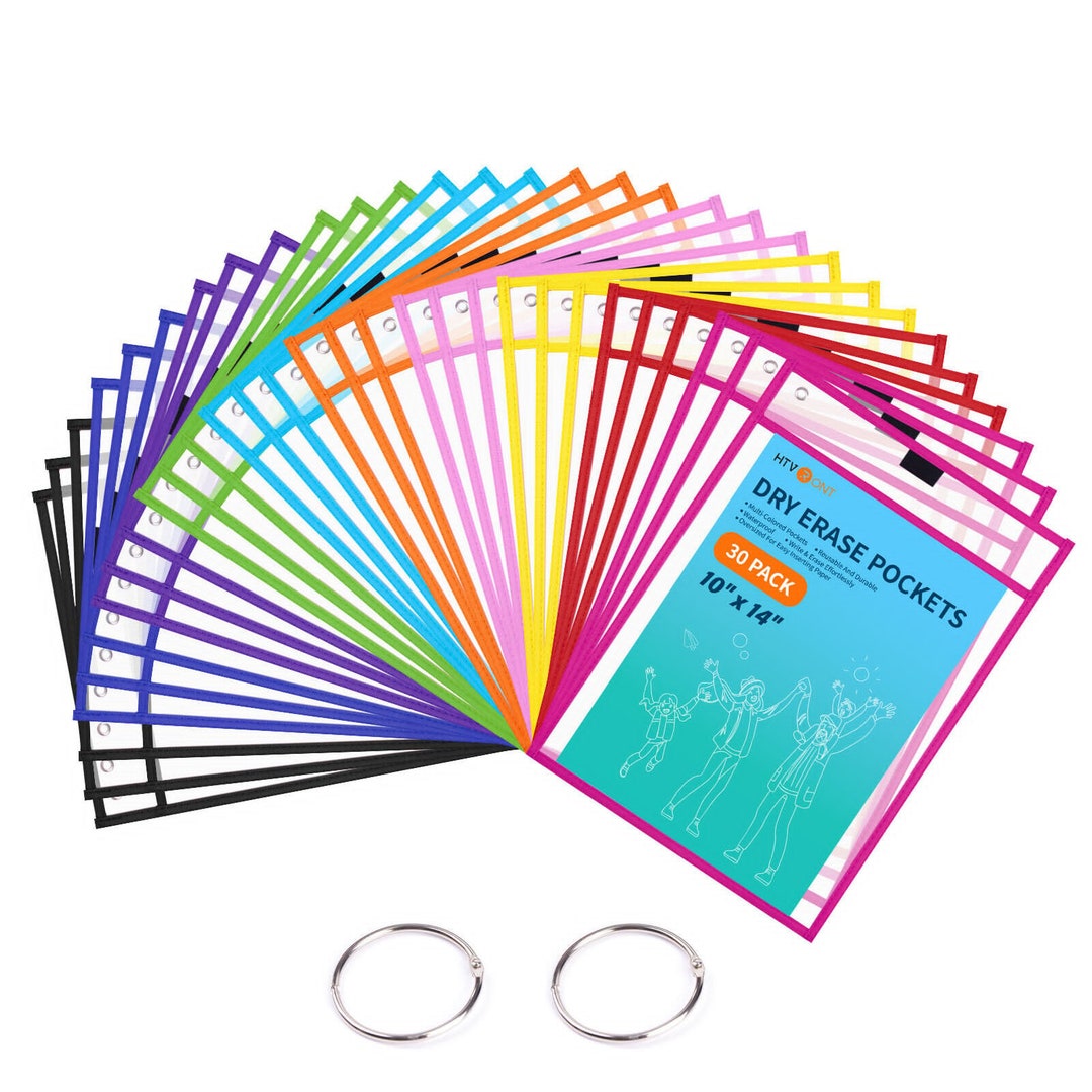 30 Pack Reusable Dry Erase Pockets Sleeves Colorful Plastic Etsy
