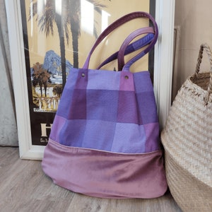Large purple shopping bag in signed cotton canvas and velvet