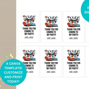 Cuphead Digital Birthday Gift Bag Tags, Cuphead Invite, Instant Download Digital Editable Template Canva Digital Printed