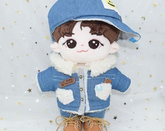 20CM Cotton Doll Clothes Fur Collar Denim Clothes and Pants Set 20cm Doll Clothes Accessories Dress Up