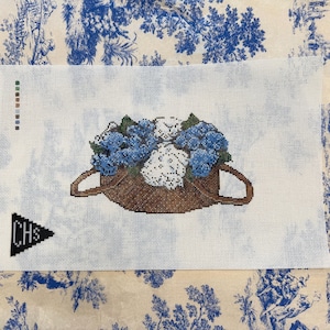 Hydrangeas in Basket Needlepoint Canvas for Pillow | Summer Coastal Needlepoint PREORDER*