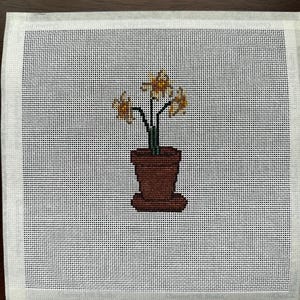 English Daffodil Flower in Terracotta Pot Needlepoint Canvas | Spring Cottagecore Needlepoint